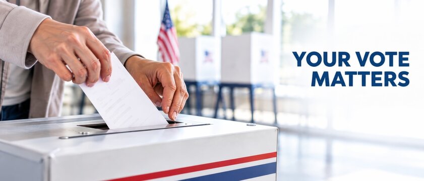 USA Election Day voting scene with adult placing paper ballot into striped ballot box, American flag and Your Vote Matters message, civic participation concept, bright copy space for campaign design