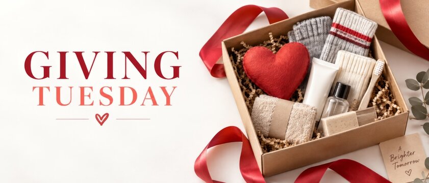 Giving Tuesday charity campaign banner featuring red heart gift box, self care products, wrapped presents, red ribbon and English holiday lettering with generous message and copy space for nonprofit,