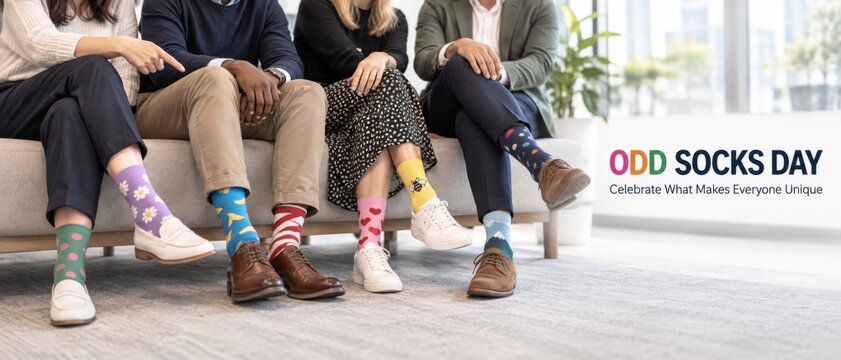 Odd Socks Day workplace group showing diverse coworkers seated together with colorful mismatched socks, office attire, inclusion message, and spacious banner copy area for awareness marketing