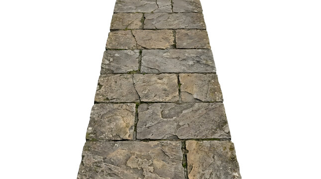 Rustic stone walkway on white background, old cobblestone path element, weathered gray pavers cutout for landscape design