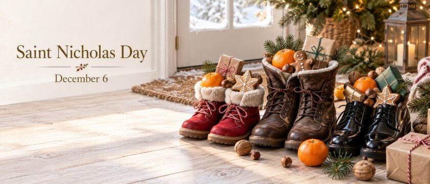Saint Nicholas Day holiday display with decorated boots, oranges, nuts, wrapped gifts, evergreen branches, and English greeting text December 6 beside cozy home entrance, offering seasonal winter copy