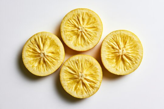 Dried lemon slices arranged in a diamond pattern on a white background in a sharp macro shot for culinary branding and health food marketing