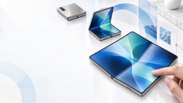 Foldable smartphone devices arranged on modern white desk, showing compact and expanded screens with vivid blue interfaces and hand interaction, technology concept for mobile innovation, advertising,&zwnj;