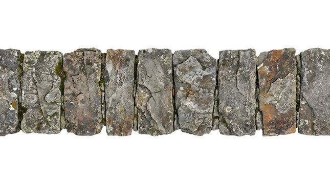 Rustic stone fence top border cutout isolated on white background, weathered stone wall capping elements for landscape design architectural overlay