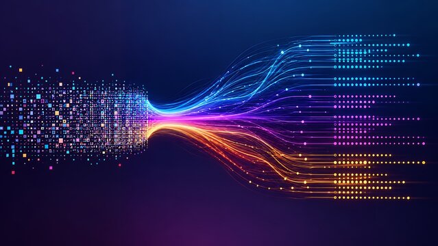 Abstract big data sorting and transformation concept, glowing digital particles and fiber optic light streams on dark background