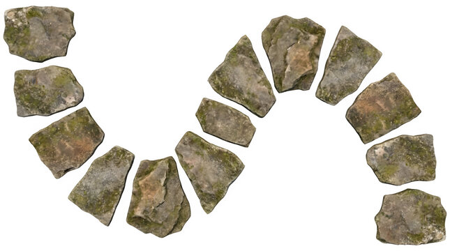 Natural stepping stone pathway, curved mossy flagstone path isolated on white background, rustic garden walkway stones for landscape design