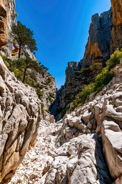 Limestone canyon walls rising toward a clear blue sky in a sharp outdoor shot for travel and adventure tourism marketing