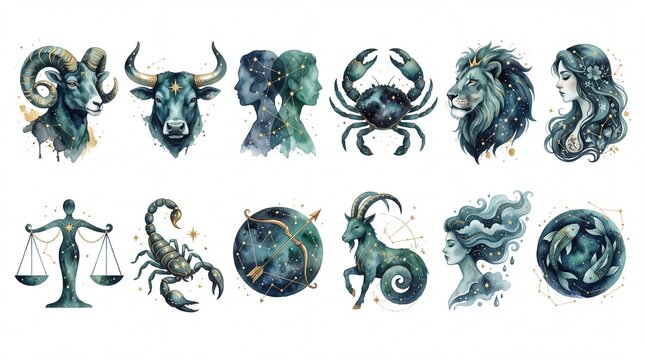 Twelve zodiac signs watercolor illustrations featuring symbolic animals, celestial details, and expressive portraits arranged in two rows on white
