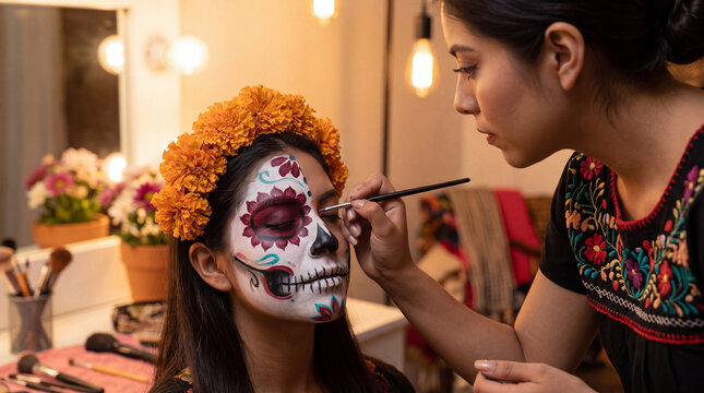 Makeup artist applying detailed sugar skull face paint to woman wearing marigold crown for Dia de los Muertos portrait