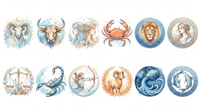 Watercolor zodiac signs featuring twelve astrological symbols with animals, celestial motifs, floral accents, and circular illustrated emblems