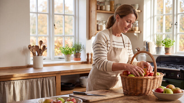 Woman arranging apples and produce in a wicker basket on a wooden kitchen counter in a bright farmhouse kitchen interior