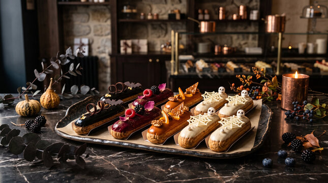 Eclairs on dark marble counter, Halloween theme hampers
