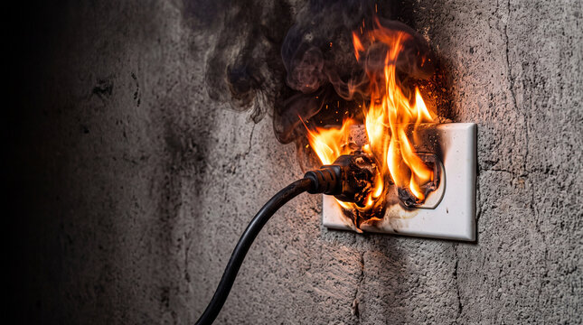 Electrical fire at a wall socket with smoke and flames