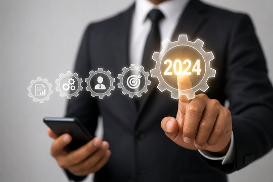 Businessman pointing at a 2024 year hologram inside a gear wheel infographic
