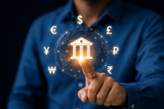 Person pointing at a glowing holographic globe with a bank symbol and international currencies