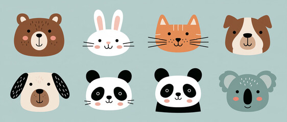 Obraz premium Cute Animal Faces Pattern on Blue Background
