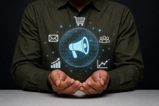 Business person holding glowing digital marketing icons and network globe in hands