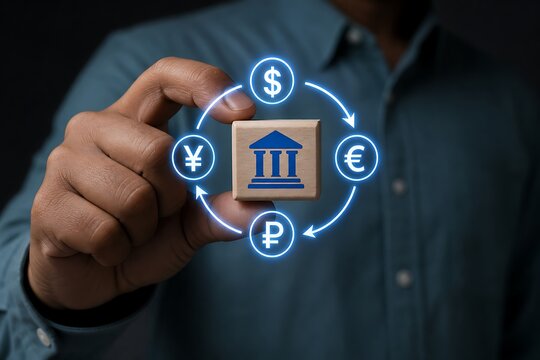 Person holding a wooden cube with a bank icon surrounded by international currency exchange symbol