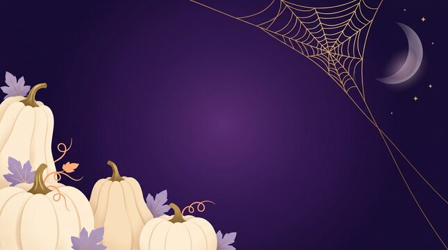 White pumpkins with purple leaves and a golden spider web on a dark purple background with web crescent moon leaves sit below pumpkins decorated illustration