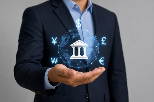 Businessman holding a glowing digital bank icon and currency symbols in his hand