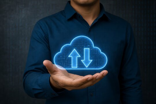 Businessman holding a glowing digital cloud storage icon with upload and download arrows in hands
