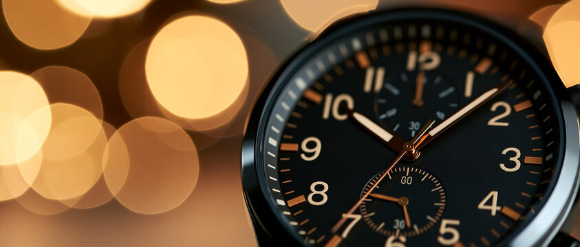 Golden Retro Alarm Clock on Warm Bokeh Background