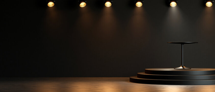 Dark Studio Stage with Spotlight and Podium Banner