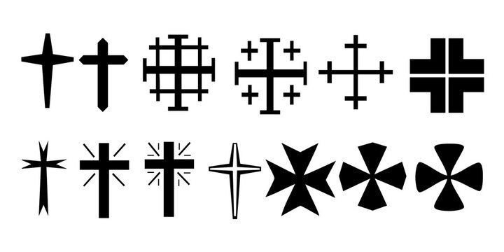 Christian Cross Silhouettes Vector Set, Sacred Religious Crosses, Jerusalem Cross, Maltese Cross, and Heraldic Symbols Isolated on White Background