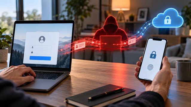 AiTM phishing attack hijacking laptop and smartphone login