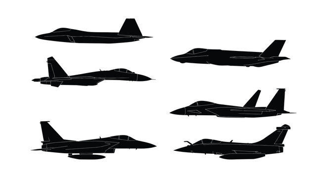 Jet fighter silhouettes depict various angles against a white background