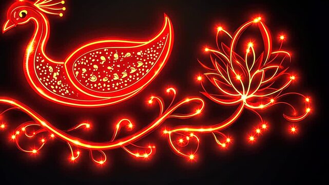 Neon Illuminated Traditional Indian Peacock and Lotus Flower Rangoli Design on Dark Background
