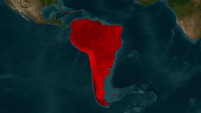 South America continent map animation video with red highlight and text clip