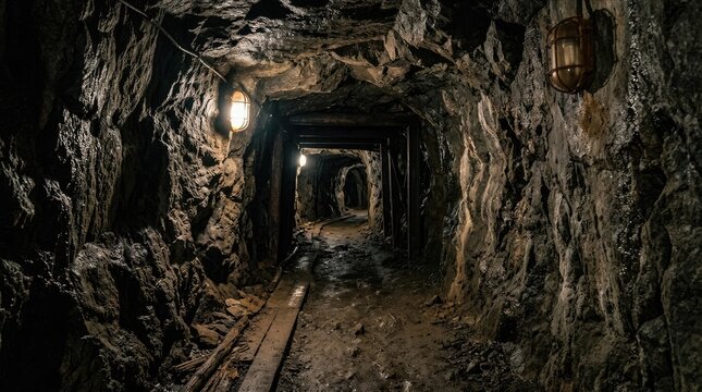 Dark underground mine tunnel with old industrial lighting and wooden supports