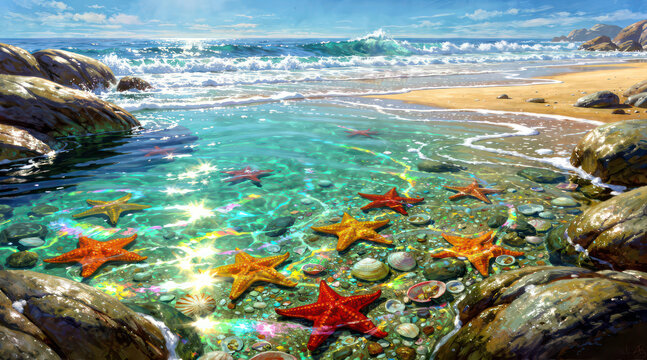 Starfish resting in clear tropical tide pool water on sunny beach