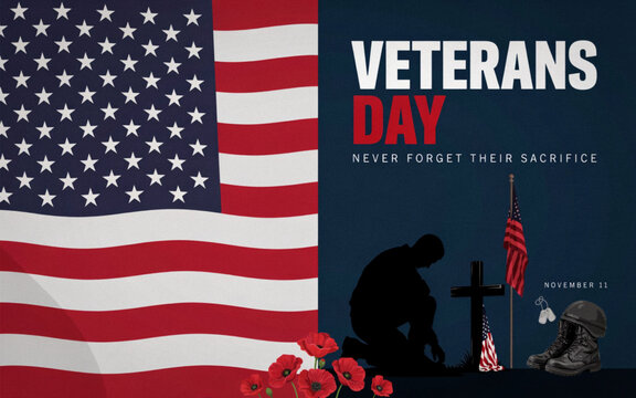 Patriotic Veterans Day 2026 Banner Design with US Soldiers Pose Silhouette to Honor US Armed Force Veterans. Elegant Navy Blue Background and Bold Typography. Vector Illustration