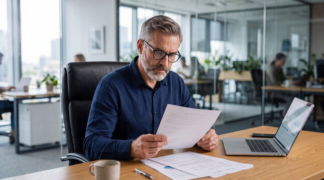 Business meeting in office with man reviewing documents at desk