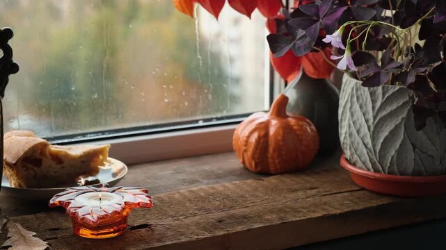 Fall vibes. Woman drinking tea by window on rainy autumn day. 