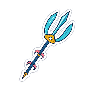 Fantasy Poseidon trident weapon, flat vector illustration, die-cut sticker design isolated on transparent background