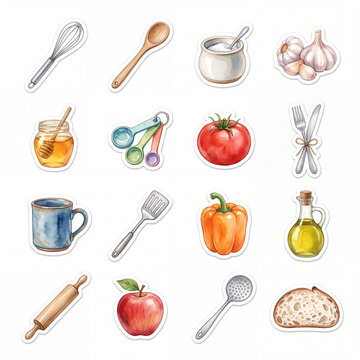 Watercolor kitchen stickers with apple, tomato, orange bell pepper, honey jar, blue mug, measuring spoons, olive oil and bread