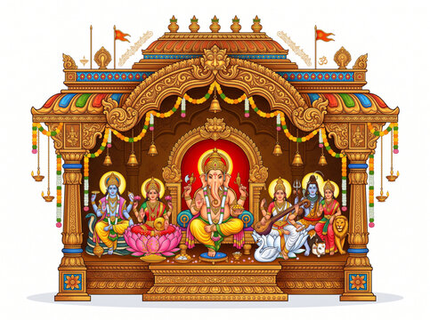Ornate digital illustration of Hindu deities inside a traditional temp