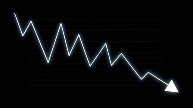 Animated white downward trend arrow graph on black background, for financial analysis, and market decline concepts.