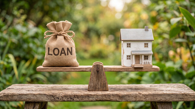 Balance of loan and home on a wooden scale in a garden setting