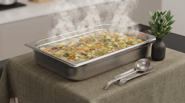 Hot steaming vegetable soup sayur sop inside large stainless steel catering tray