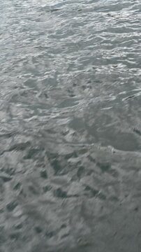 Turbulent water surface texture and motion caused by boat propeller movement, Close-up of churning white foam and blue water wake created by boat engine
