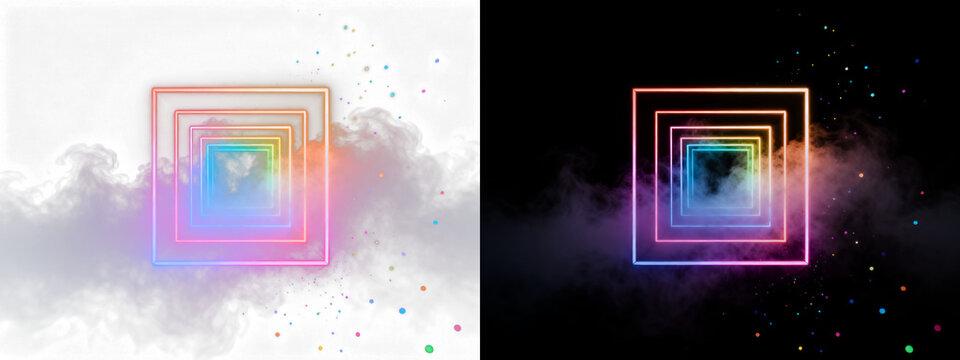Luminous neon square portal, blue-orange glow, ethereal smoke, scattered particles on deep black, perfect for digital design.
