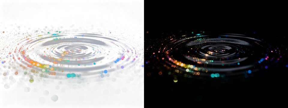 Luminous twin concentric ripples, expanding on dark, reflective water, highlighted by a radiant spectrum of sparkling bokeh particles, evoking