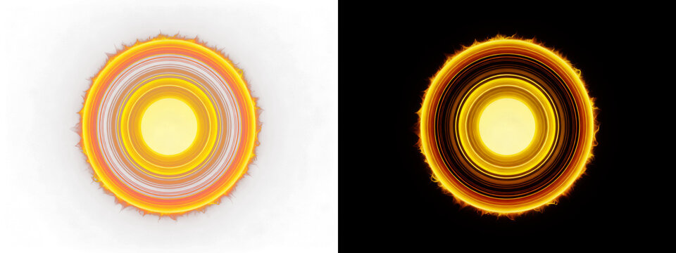Luminous twin celestial cores, radiating intense golden-orange plasma within concentric rings, each encircled by a fiery starburst corona against