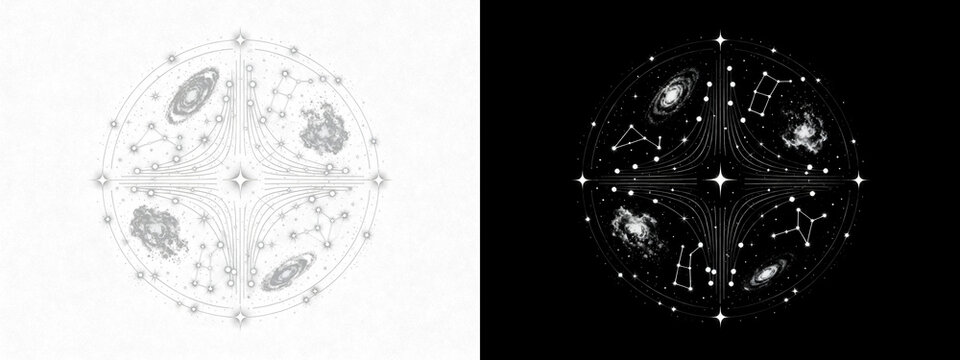 Monochromatic cosmic flow, twin celestial grids showcasing galaxies, nebulae, and constellations, ideal for astronomical branding.