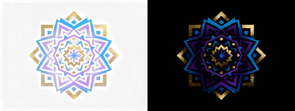 Luxurious golden geometric star, sharp multi-layered blue and violet angular forms intricately interlocked, creating a textured dimensional mandala