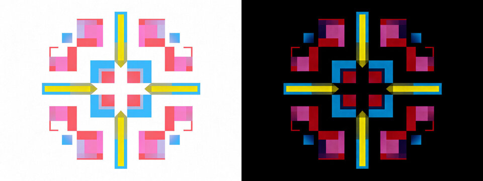 Retro pixelated symmetrical design featuring twin luminous geometric mandalas crafted from yellow arrow-bars, layered red, blue, and magenta blocks